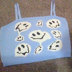 SHEIN baby blue crop top with yellow smiley faces